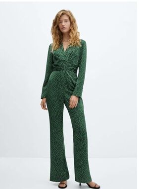 Mango Dark Green Patterned Wrap Jumpsuit